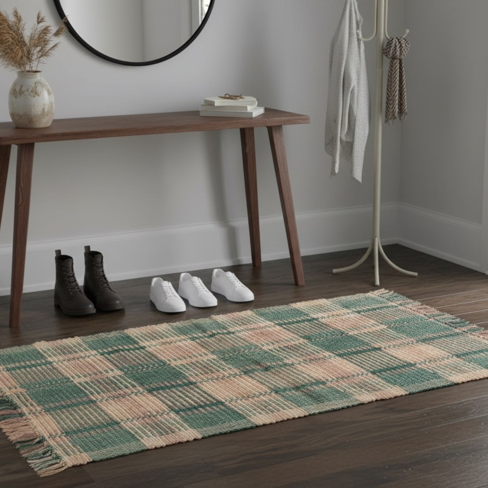 Green and Pink Jute Rug Kitchen or Hallway 30 x50